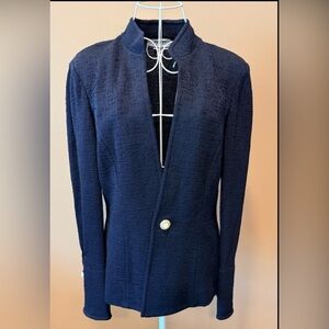St. John Collection Santana Knit Blazer Navy Pearl Button Stand Collar Wool
